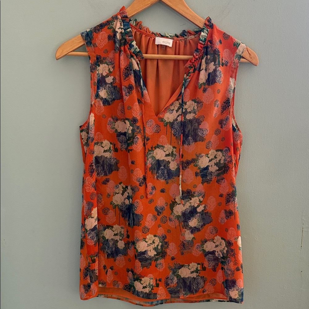 Ecru Orange Floral Sleeveless Blouse XS